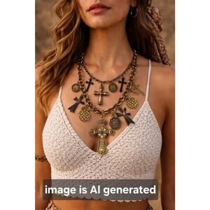 Hippie boho clunky Gothic metal brass two strand necklace